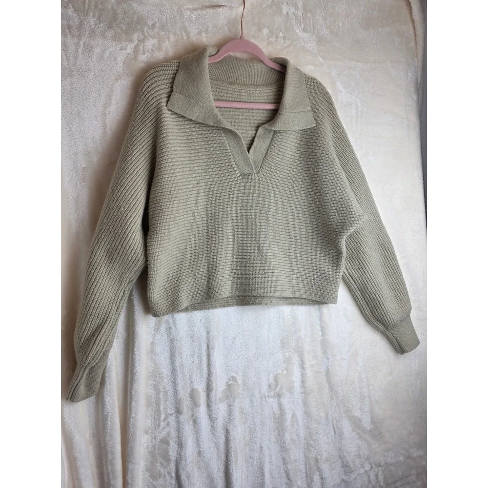 Collared Knit Sweater Pullover Long Sleeve Casual Top Khaki‎ Size S